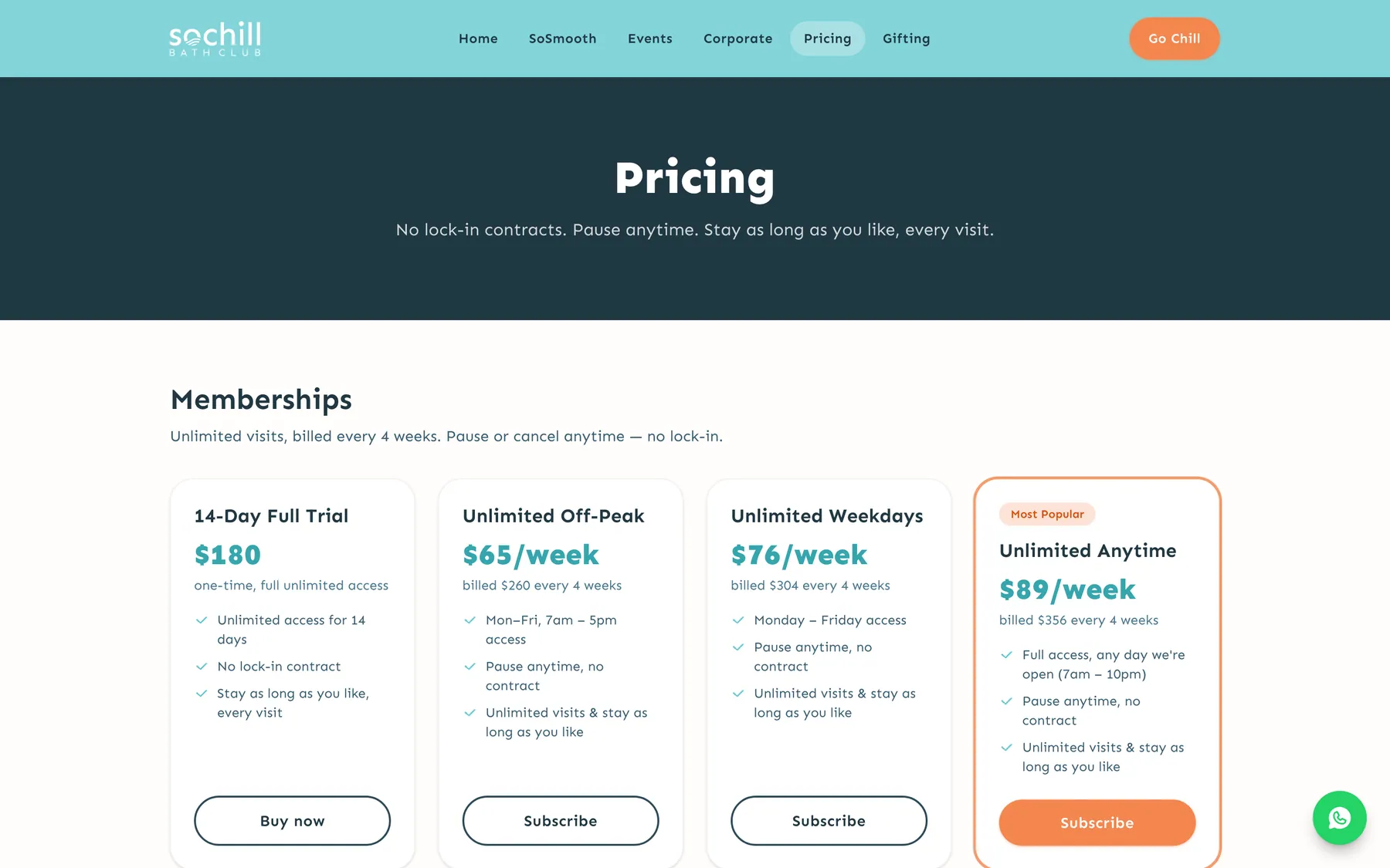 Pricing page of the Sochill Bath Club website